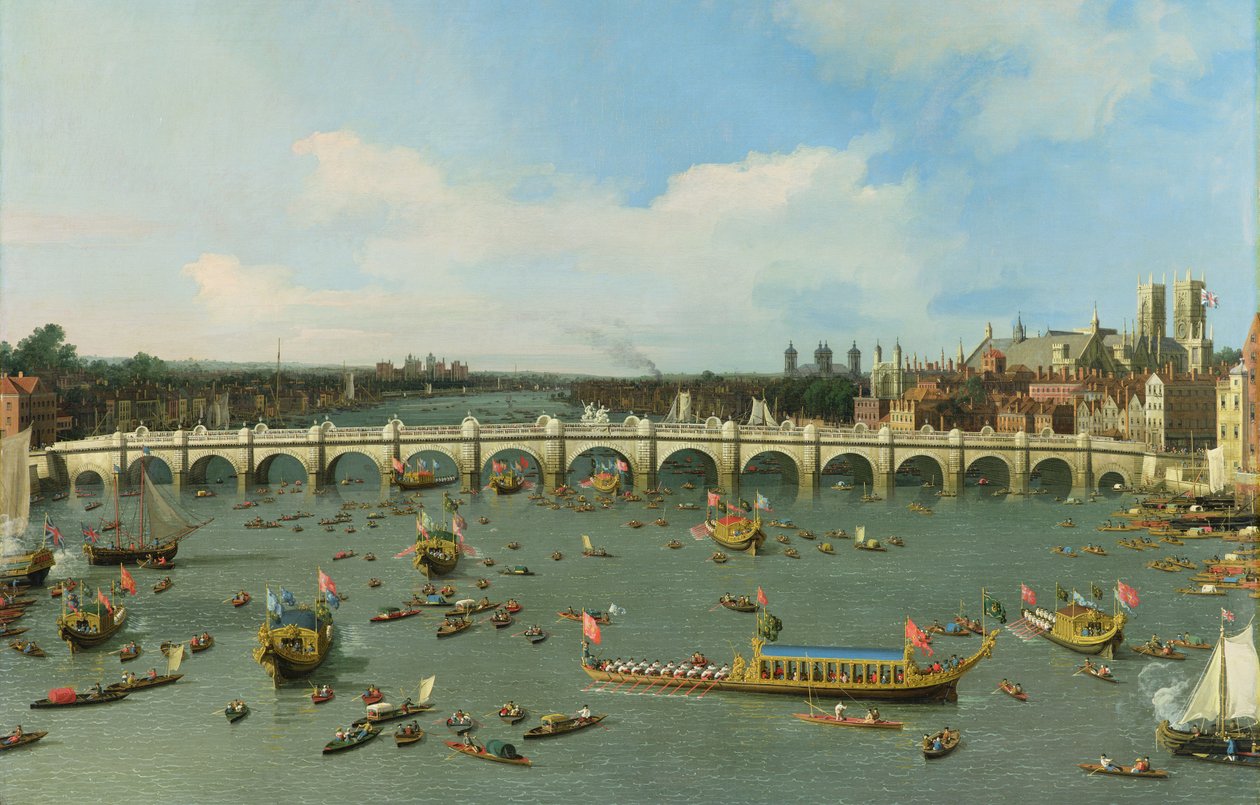 Westminster Bridge, London, med Lord Mayors procession på Themsen (detalj av 118509) av Giovanni Antonio Canal