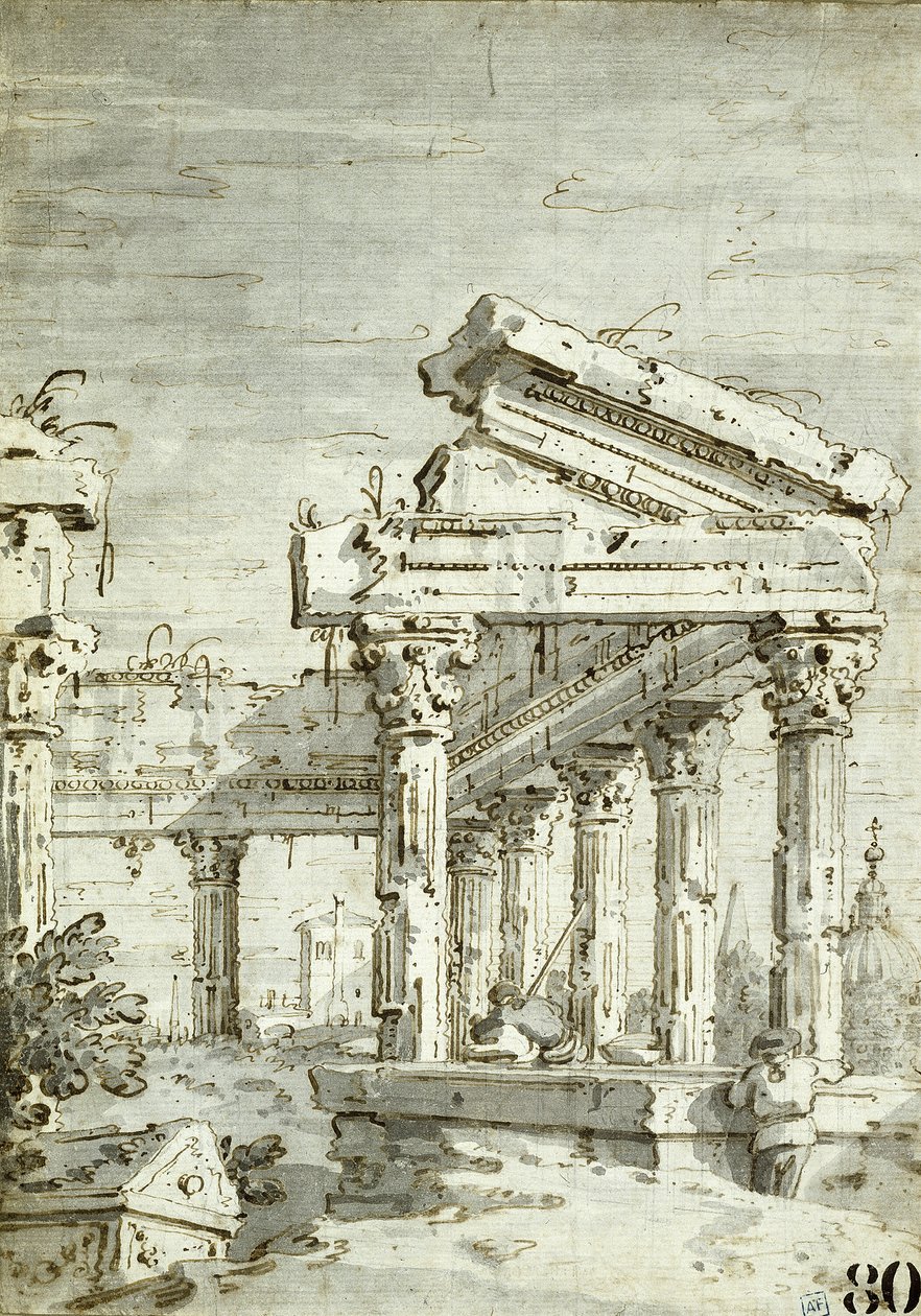 Capriccio: Ett förstört klassiskt tempel av Canaletto