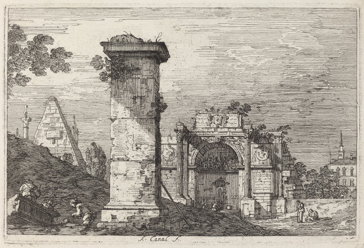 Landskap med ruinerade monument, ca. 1740. av Canaletto