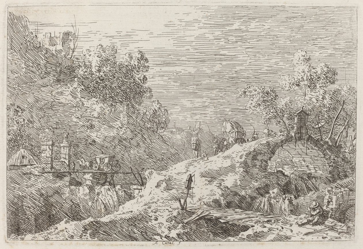 Bergslandskap med fem broar av Canaletto
