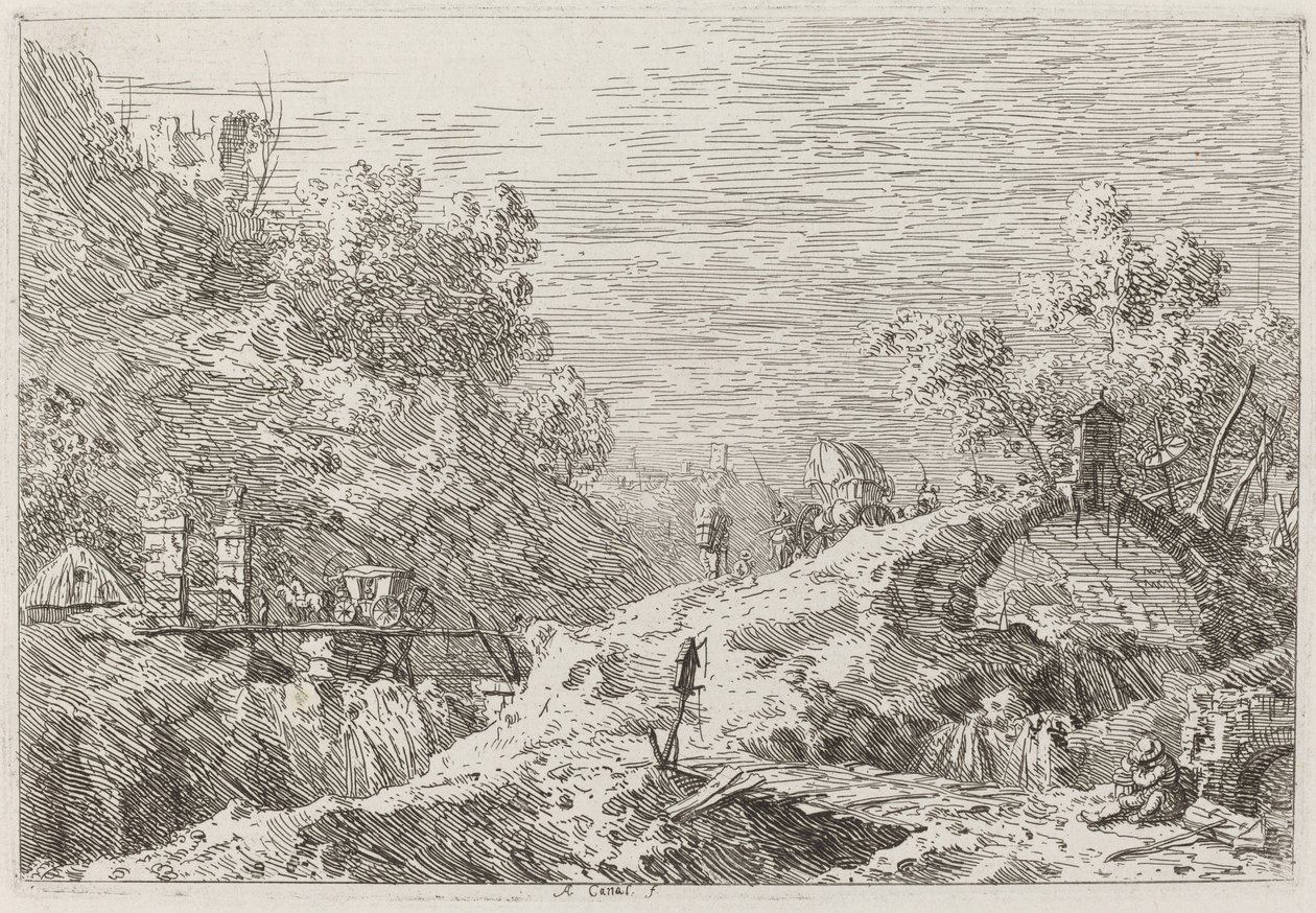 Bergslandskap med fem broar [nedre höger] av Canaletto