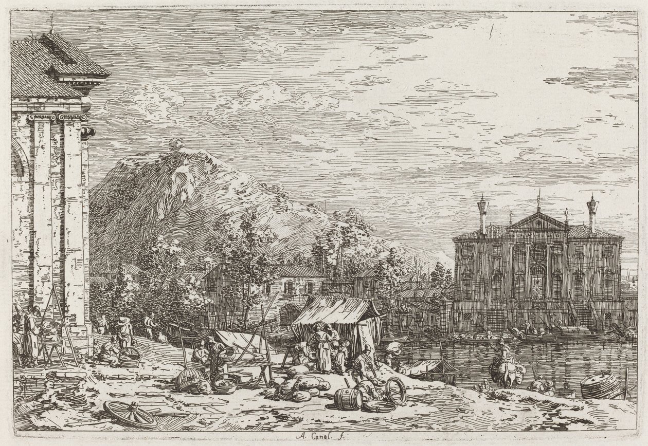 Marknaden i Dolo [nedre till vänster] av Canaletto