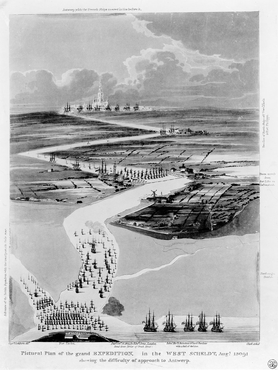 Bildplan av den stora expeditionen i västra Schelde, augusti 1809, som visar svårigheten att närma sig Antwerpen, etsat av Clark av Captain Cockburn