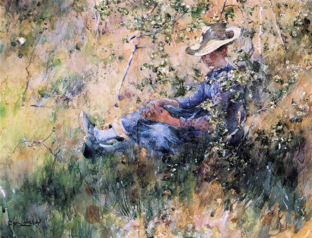 Girl by a Flowering Hawthorn Bush av Carl Larsson