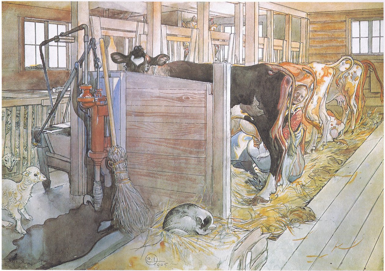 Johana mjölkar korna av Carl Larsson