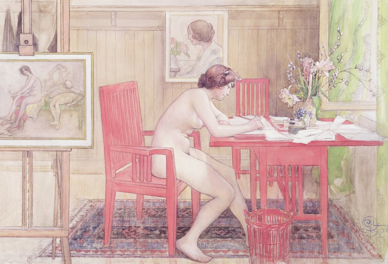 Modell som skriver vykort, 1906 av Carl Larsson