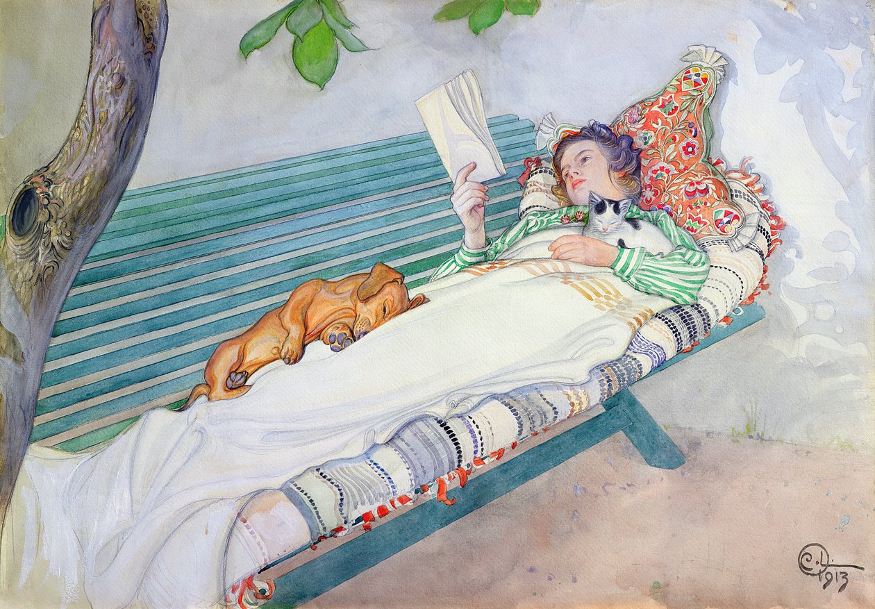 Kvinna liggande på en bänk, 1913 av Carl Larsson