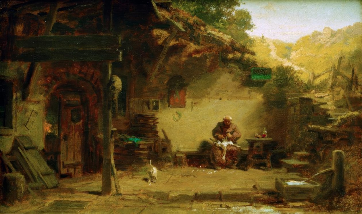 Gammal munk som plockar en gås framför sitt eremitage av Carl Spitzweg