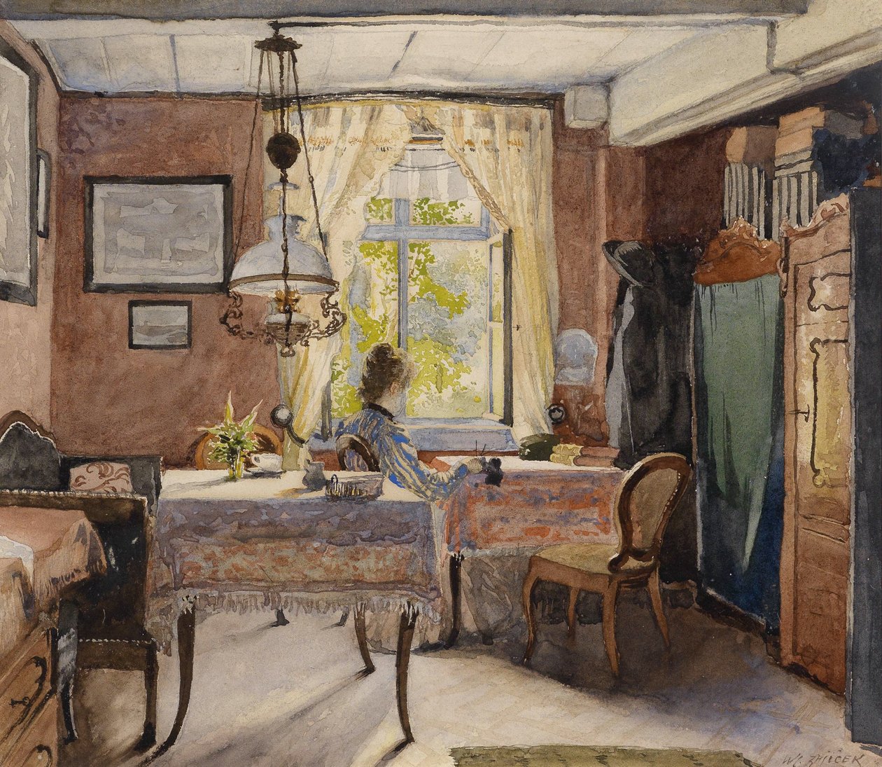  Sonniges Interieur mit einer Frau am Fenster av Carl Wenzel Zajicek