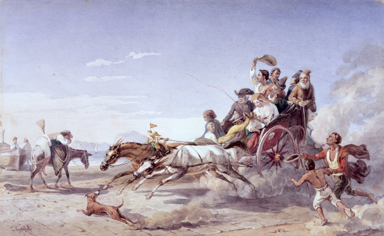 Frantic Napolitan Barouche, 1828 (wc över penna på veläng) av Carl Wilhelm Goetzloff
