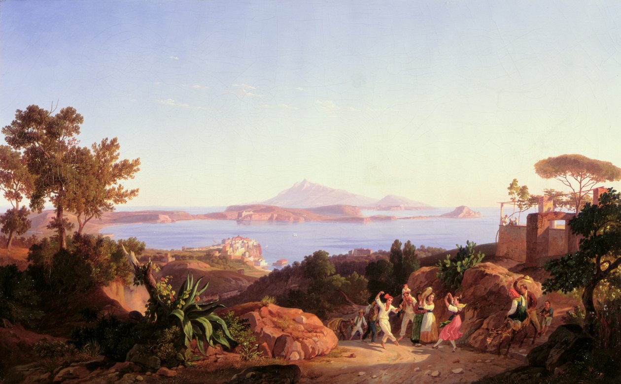 Utsikt över Pozzuolibukten med berget Solfatara, ca 1830 av Carl Wilhelm Goetzloff