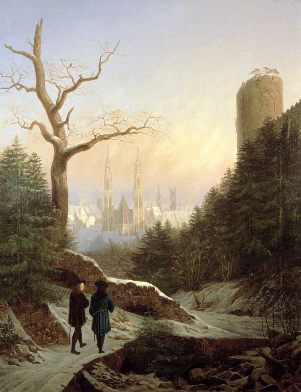 Vinterlandskap med gotisk kyrka, 1821 av Carl Wilhelm Goetzloff