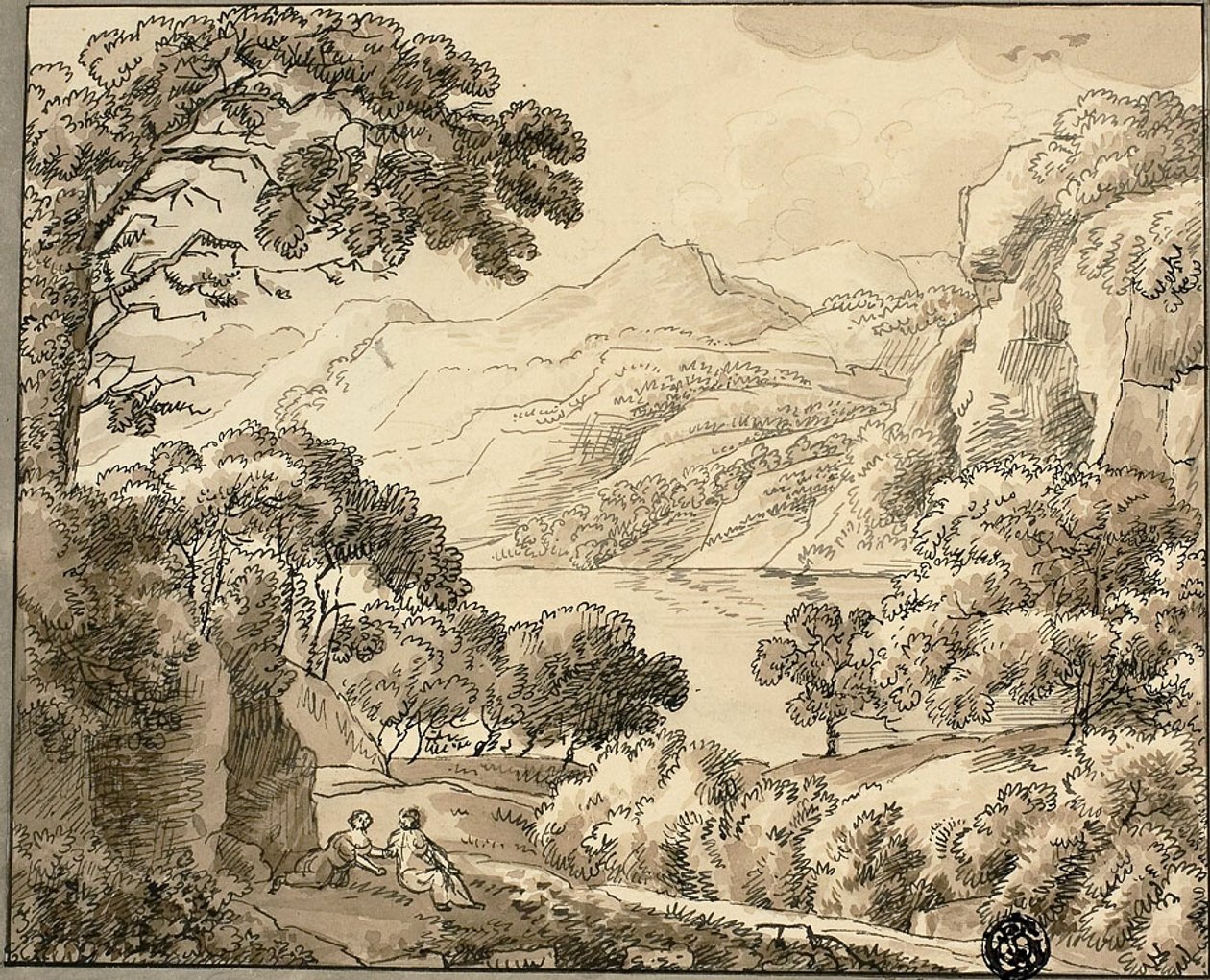 Bergssjö med två figurer av Carl August Lebschee