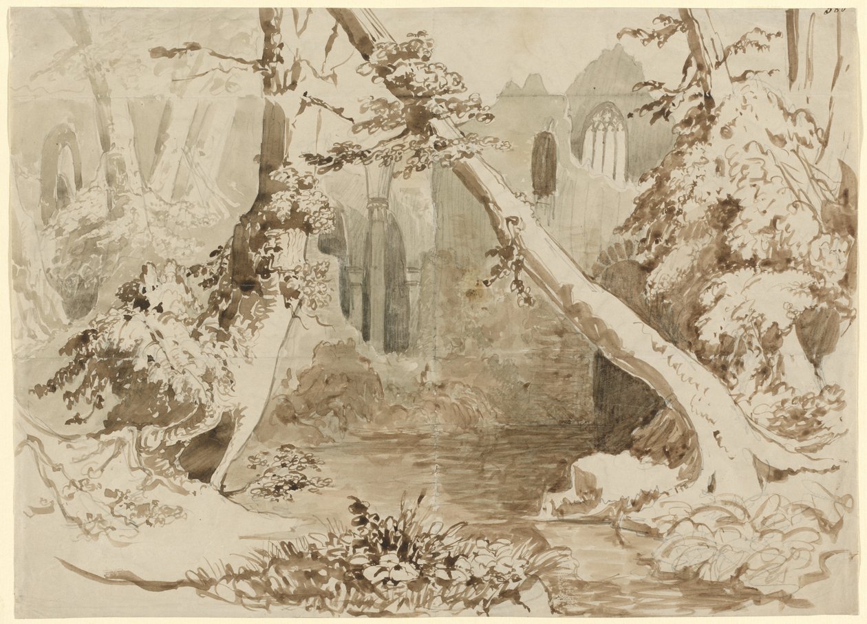 En ruinerad kyrka i skogen av Carl Blechen