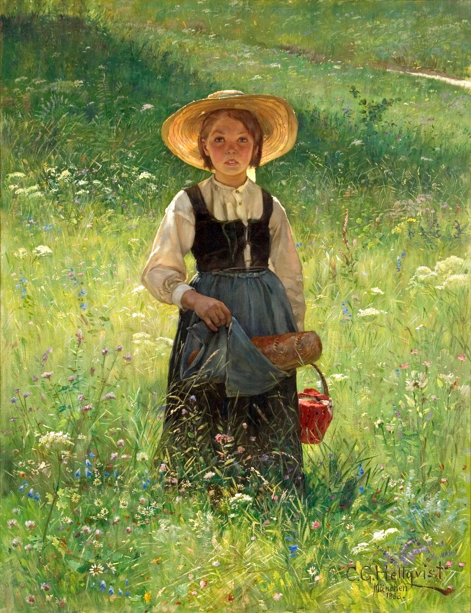 Flicka på en blommande äng av Carl Gustaf Hellqvist