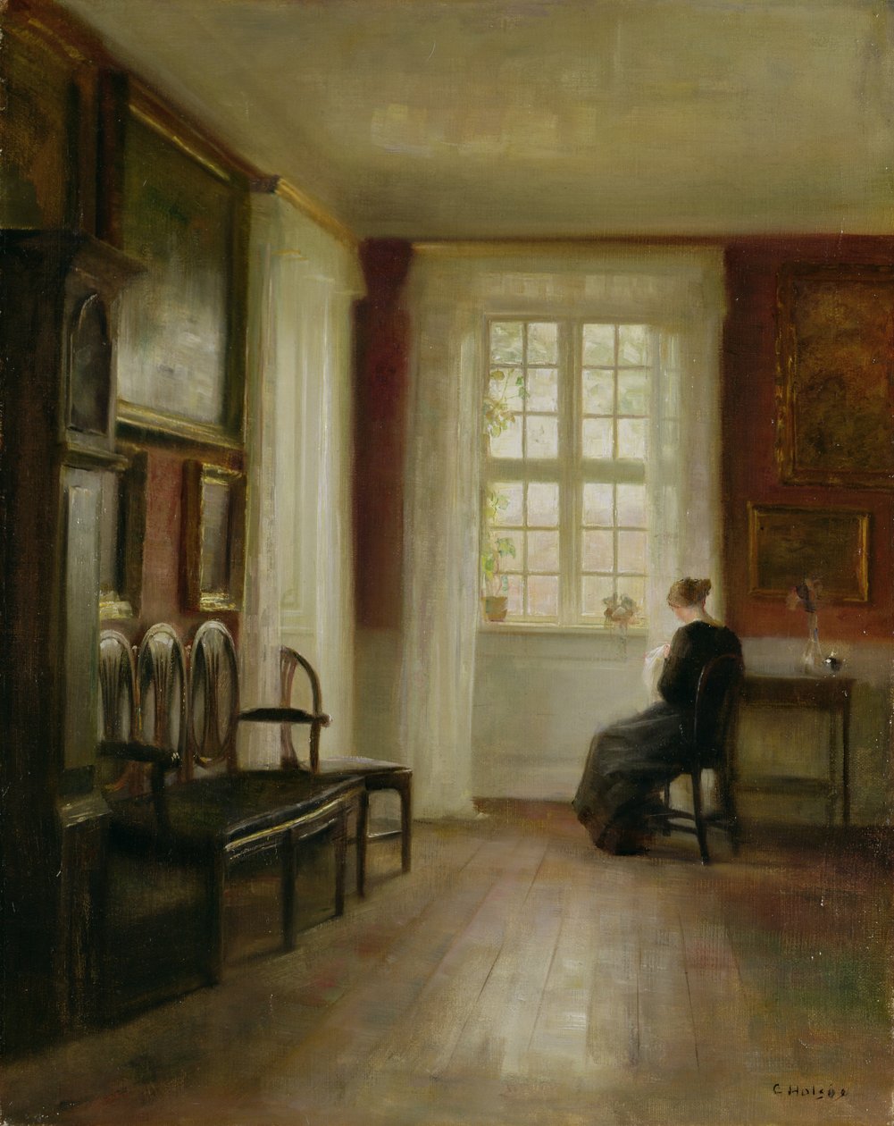 Interiör med kvinna som syr av Carl Holsoe