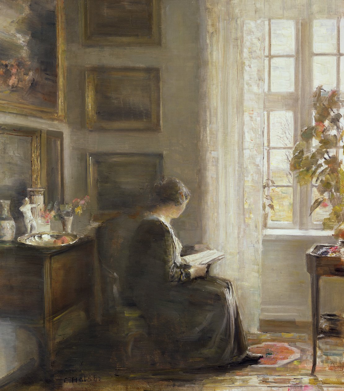Läser vid ett soligt fönster av Carl Holsoe