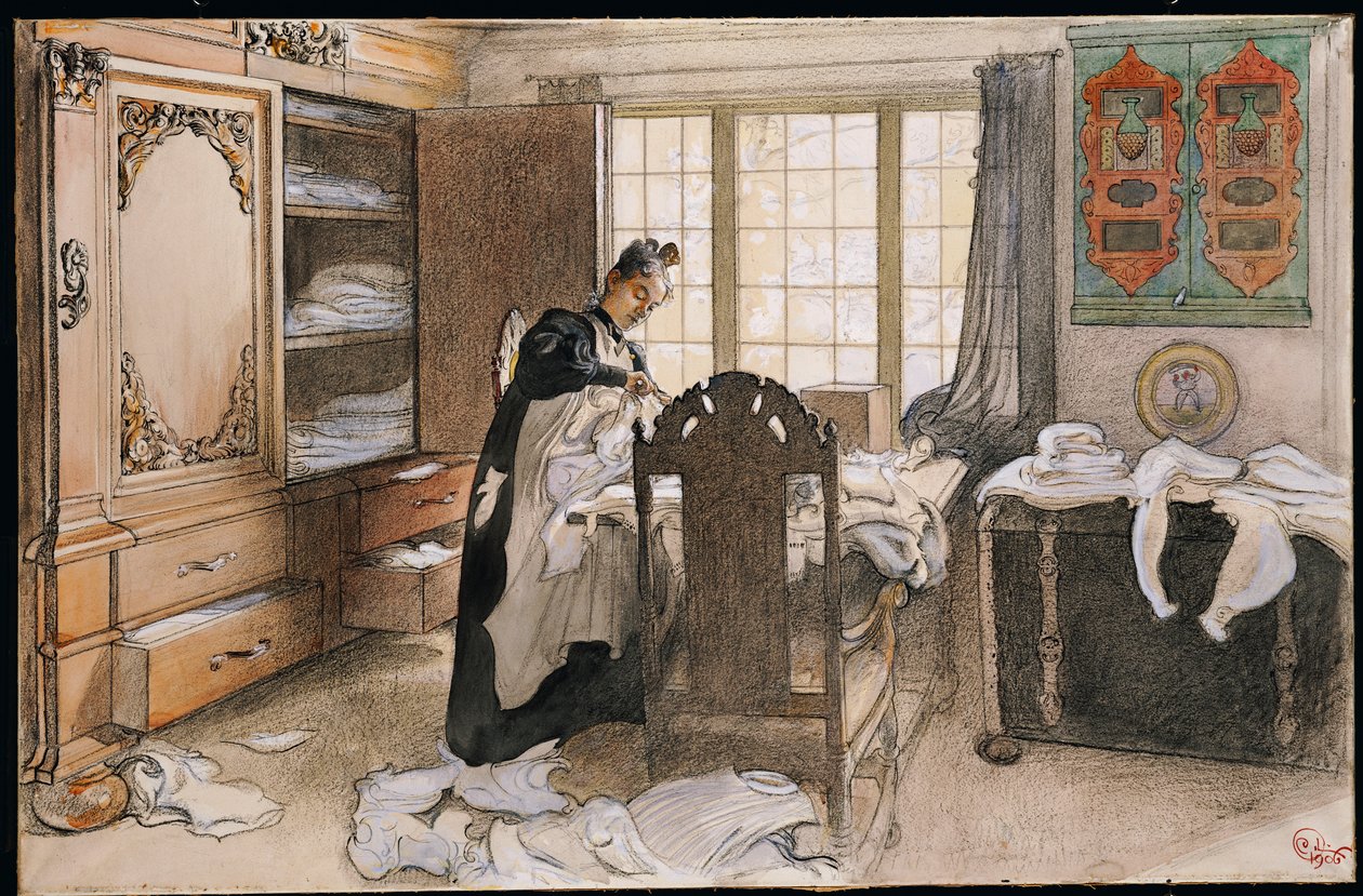 Karin vid linneskåpet, 1906 av Carl Larsson