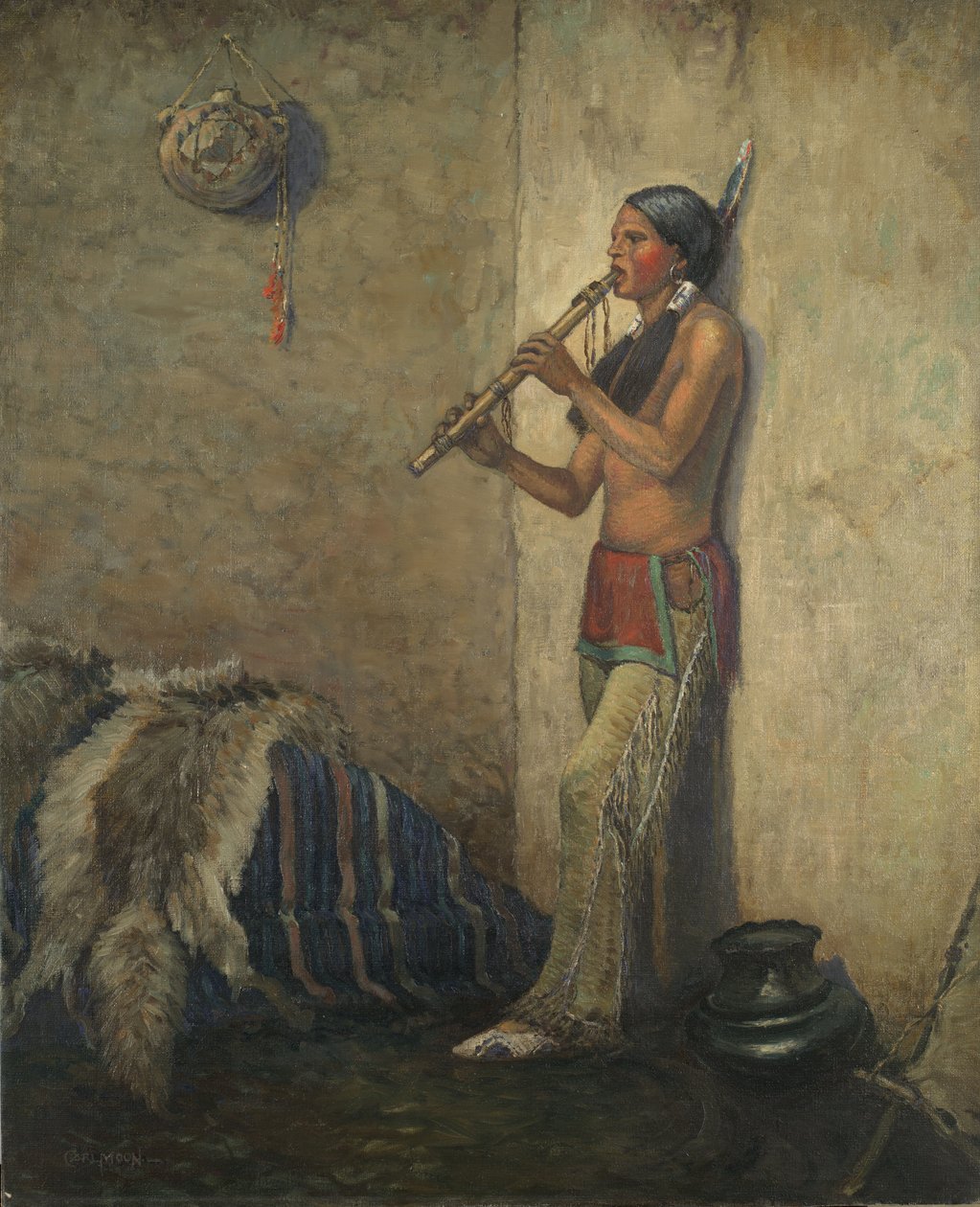 Indian med flöjt (olja på duk) av Carl Moon