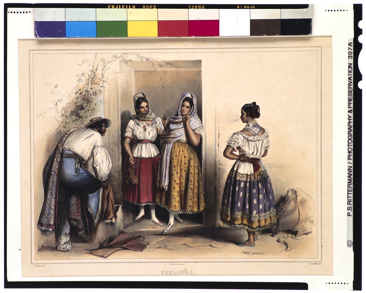 Kvinnor i Puebla, efter 1836 (färg litho) av Carl Nebel