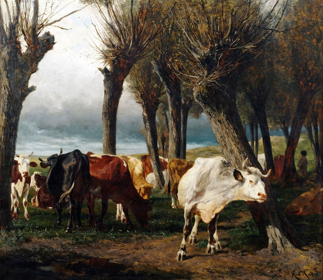 Tyska: Flock med nötkreatur under hamlade pilar. av Carl Rudolf Huber