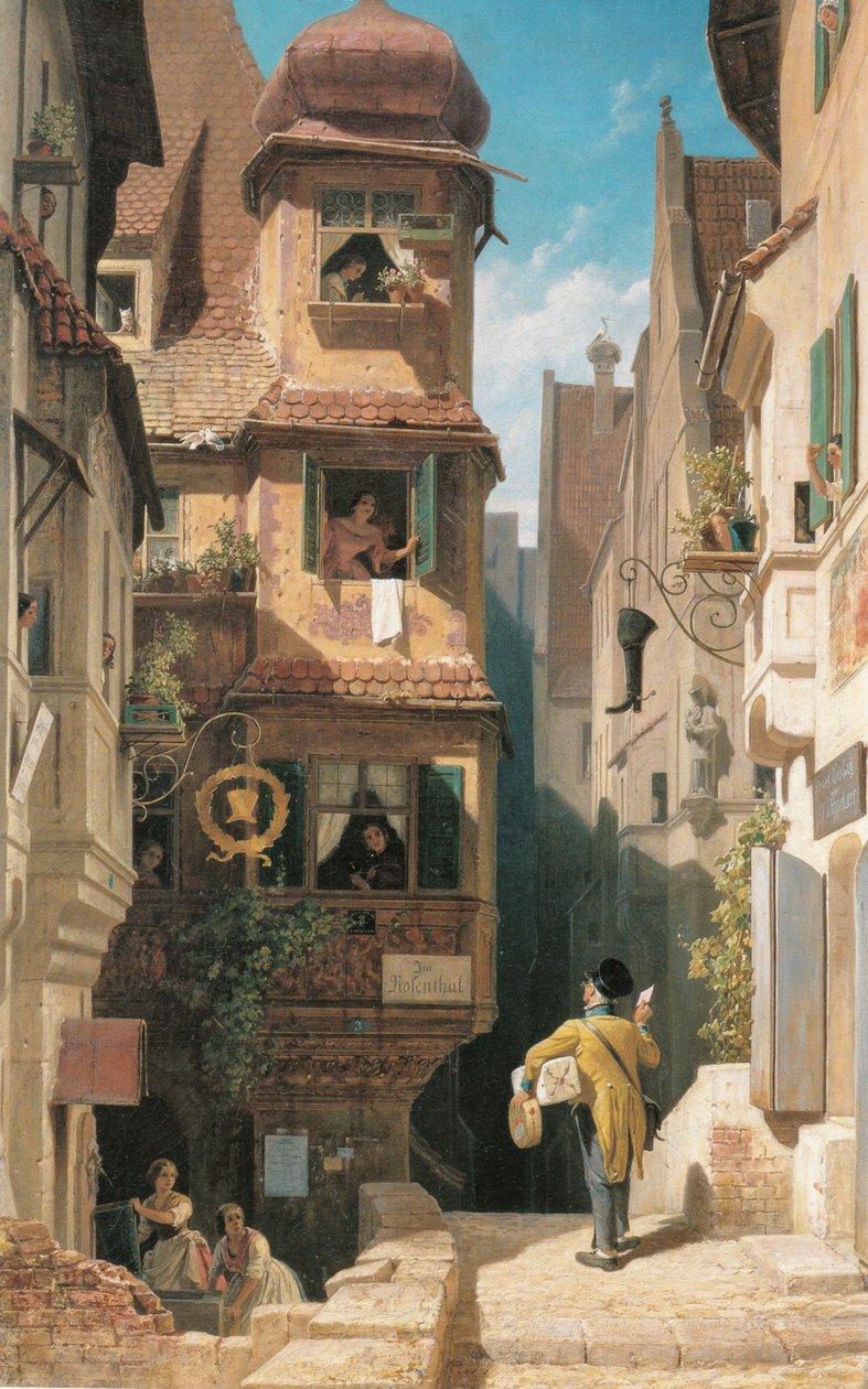 Der Briefbote im Rosenthal av Carl Spitzweg