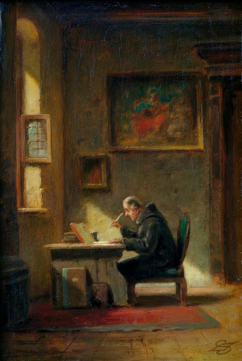 Lärd munk vid skrivbordet av Carl Spitzweg