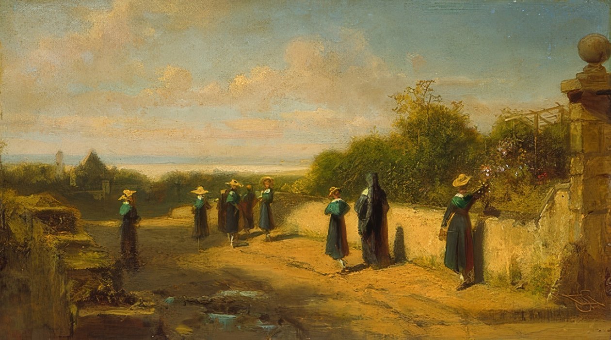 Flickinternatskola på promenad. Omkring 1870 av Carl Spitzweg