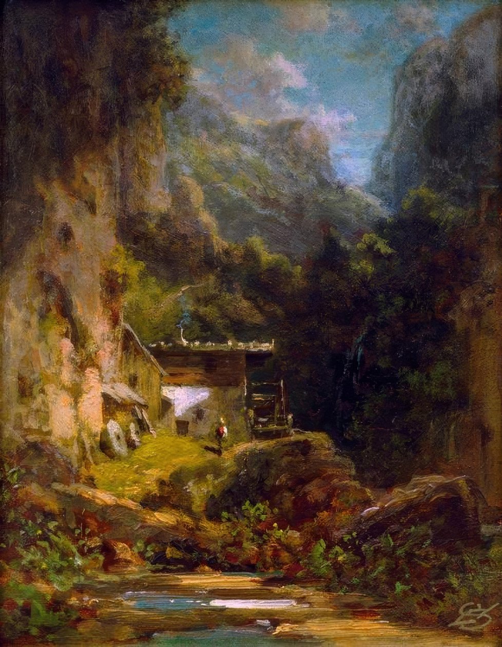 Kvarn i skogsravin med en figur av Carl Spitzweg