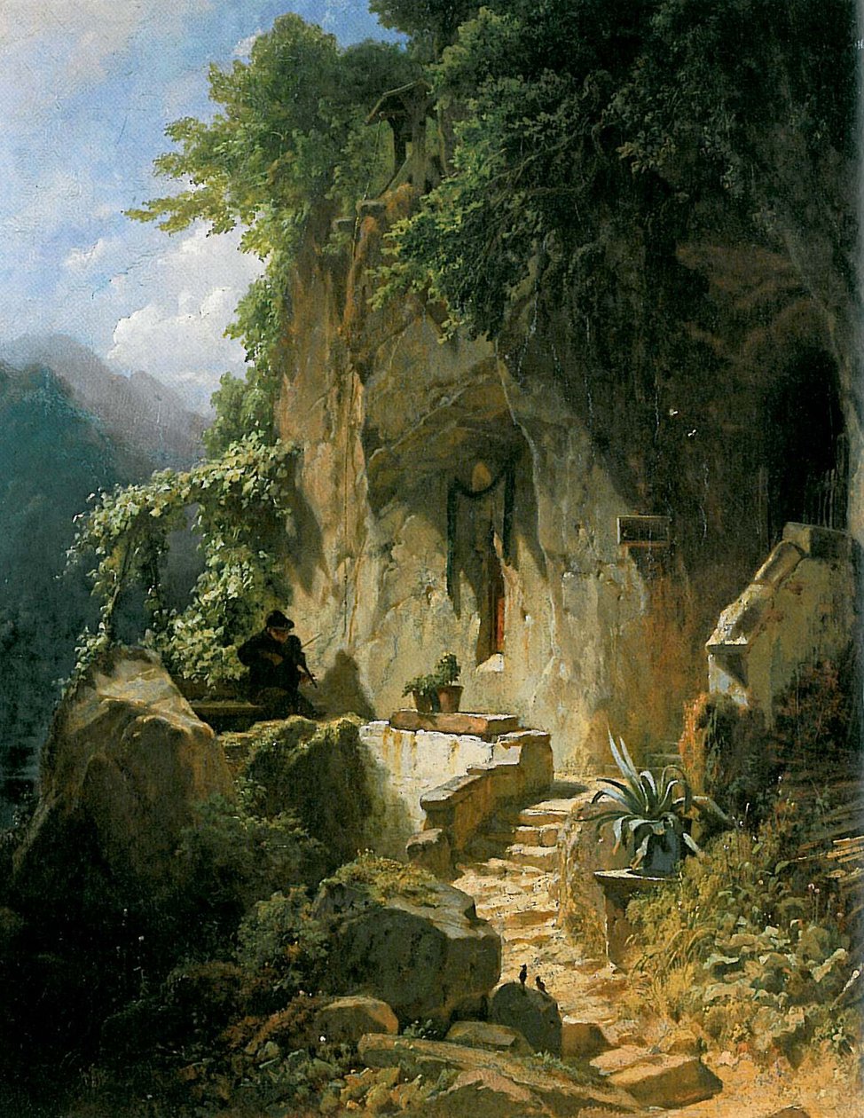 En eremit som musicerar framför sin klipphärbärge. av Carl Spitzweg