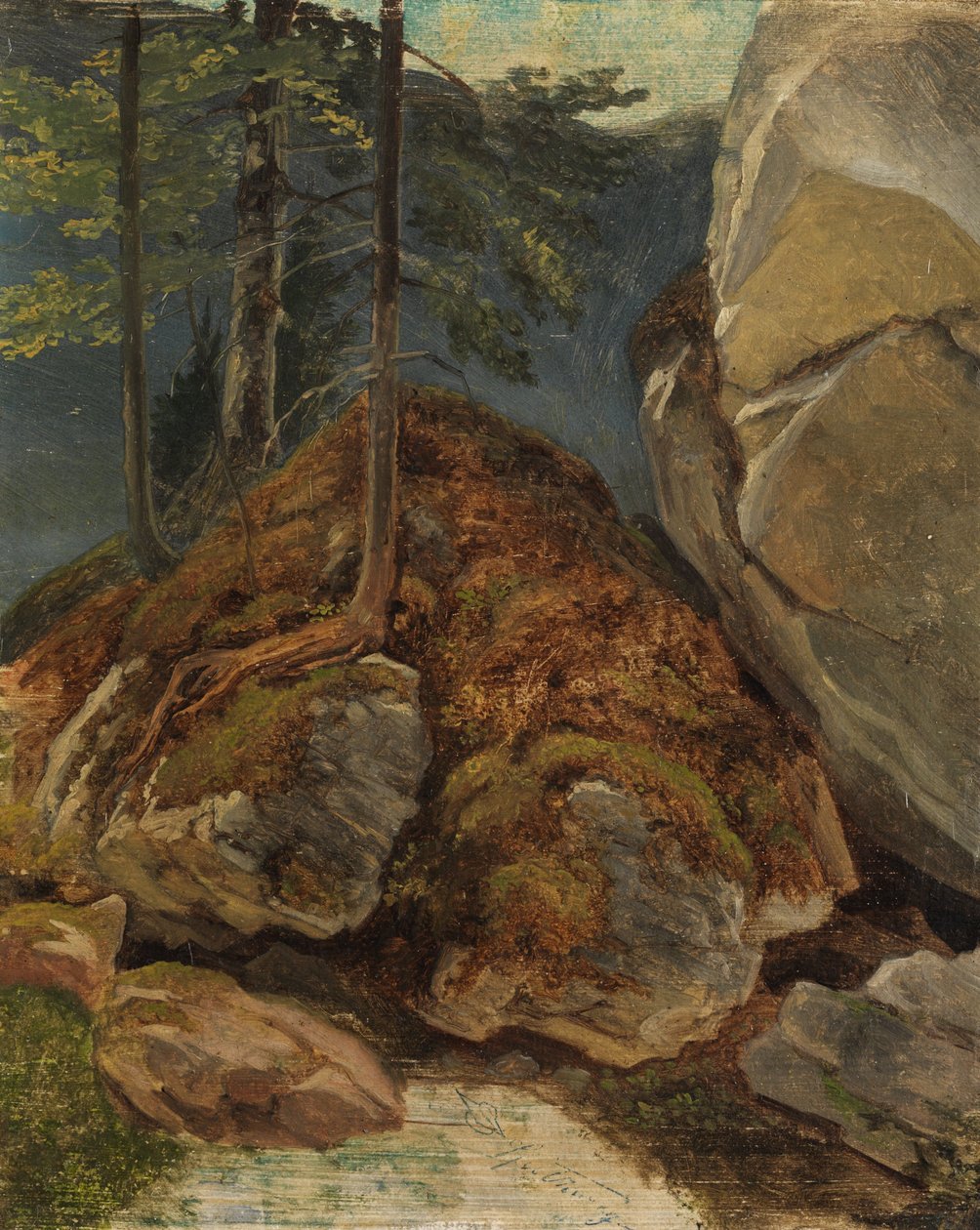 Ölstudie mit moosbewachsenem Felsen av Carl Spitzweg