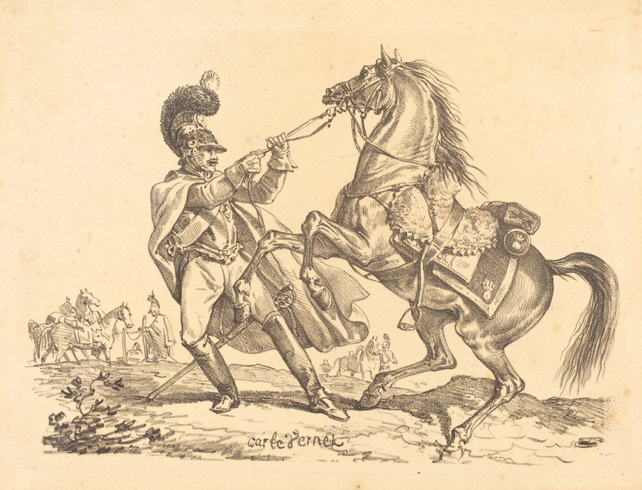 Cuirassier håller tillbaka sin uppfödande häst av Carle Vernet