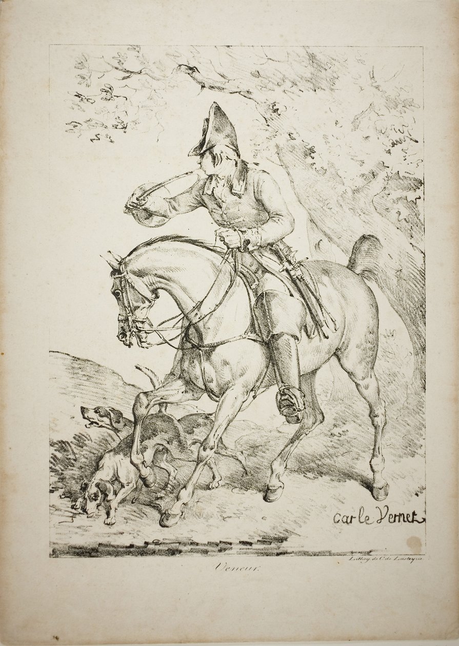 Mounted Huntsman Sounding a Horn av Carle Vernet
