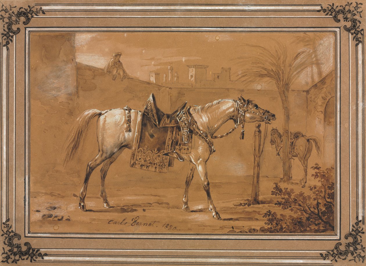 Sadlad arabisk häst på innergården, 1820. av Carle Vernet