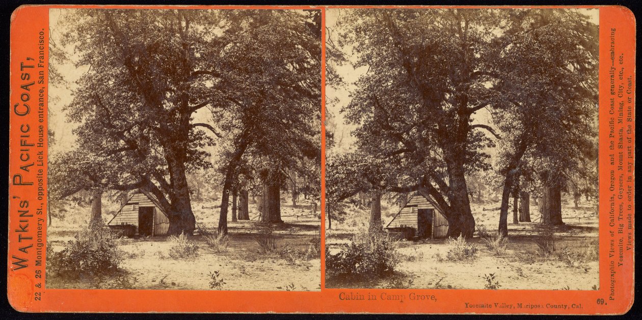 Stuga i Camp Grove, Yosemite Valley, Mariposa County, Ca. av Carleton E. Watkins