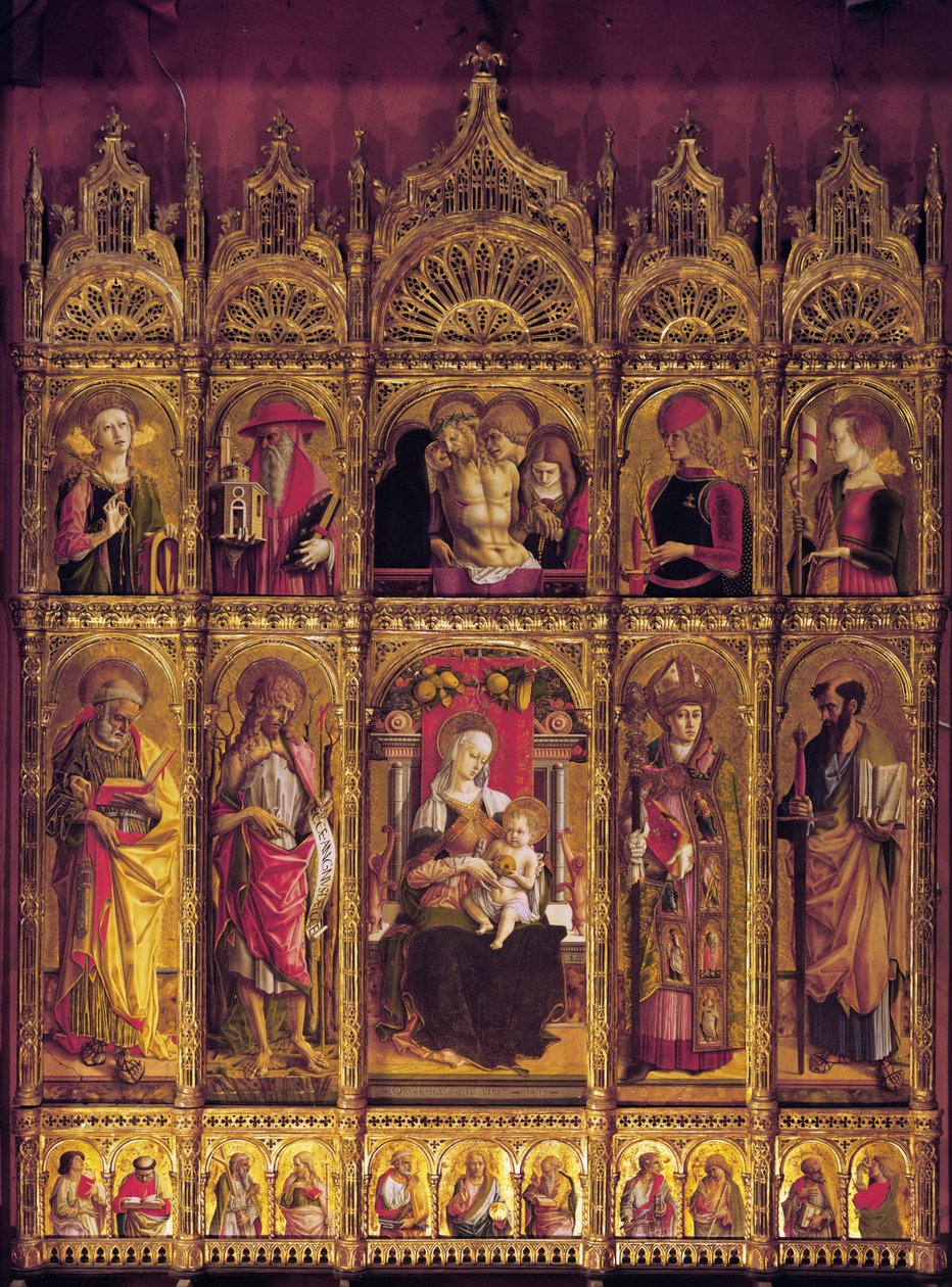 Altartavla av St Emidio, polyptyk: Pietan och jungfrun med barn mellan de heliga, ca. 1430-95 (tempera på trä) av Carlo Crivelli