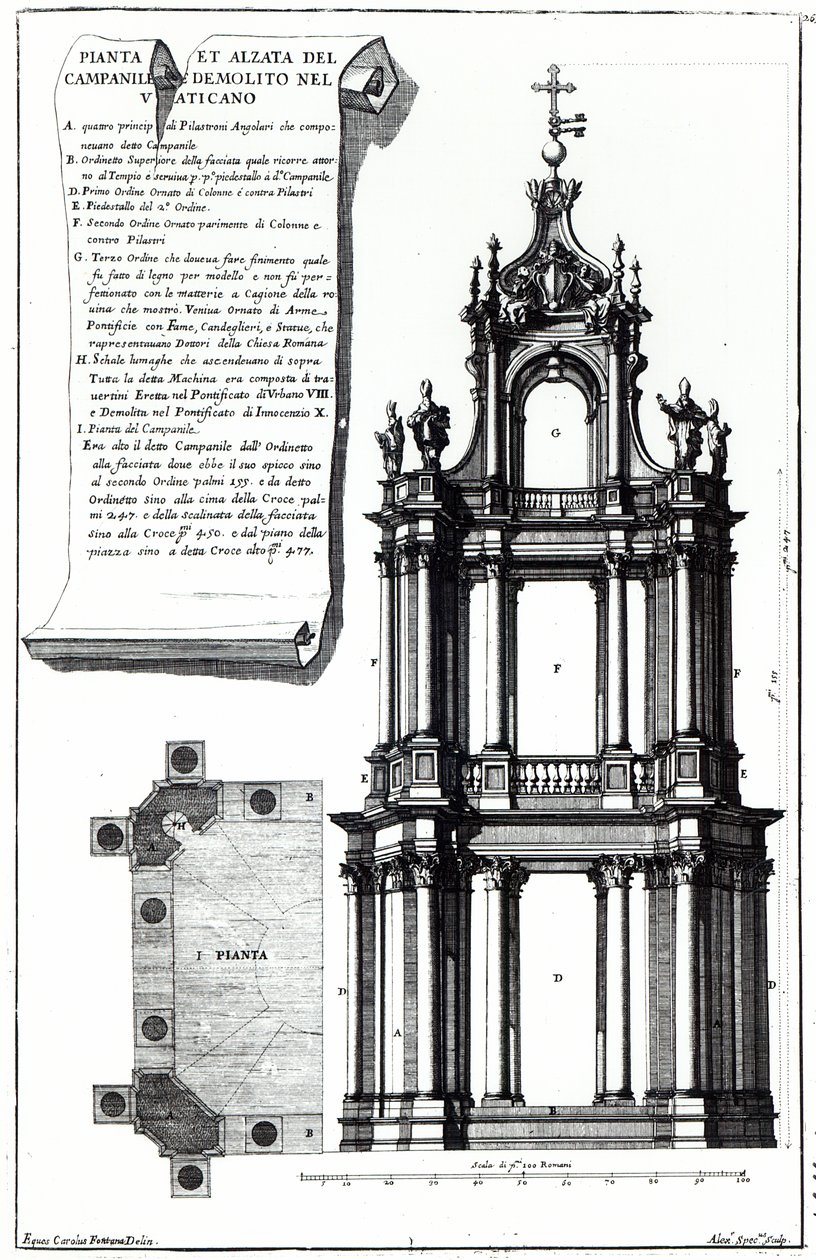 Campanile för Peterskyrkan i Rom, graverad av Alessandro Specchi. av Carlo Fontana