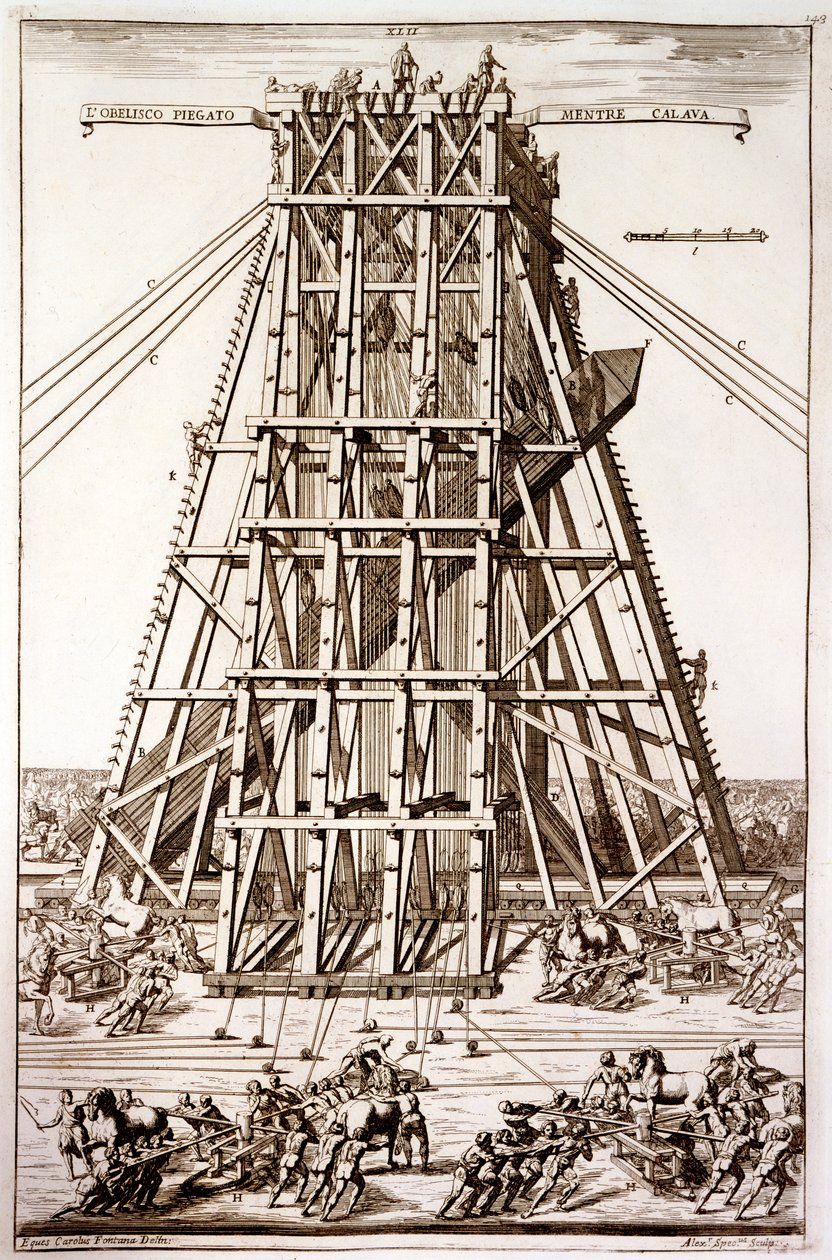 Att resa den forntida egyptiska obelisken på Petersplatsen, Rom, graverad av Alessandro Specchi av Carlo Fontana
