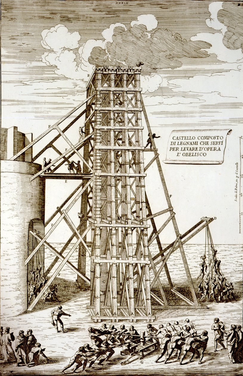 Att resa den forntida egyptiska obelisken på Petersplatsen, Rom, graverad av Alessandro Specchi av Carlo Fontana