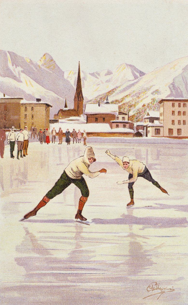 Skridskoåkare tävlar på isbanan i Davos, Schweiz. av Carlo Pellegrini