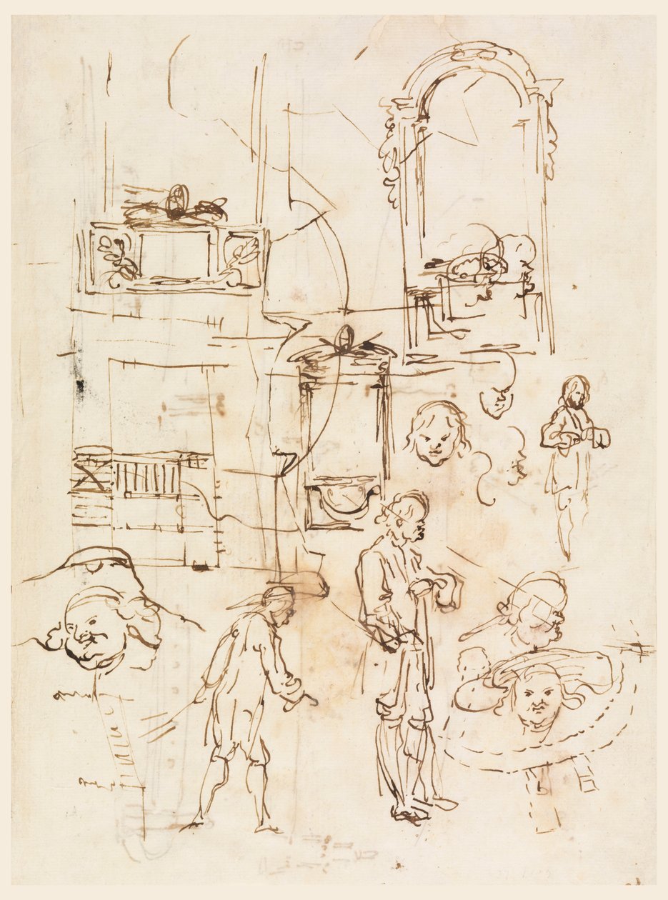 Teckning, Arkitektur- och figurskisser, ca 1760 av Carlo Marchionni