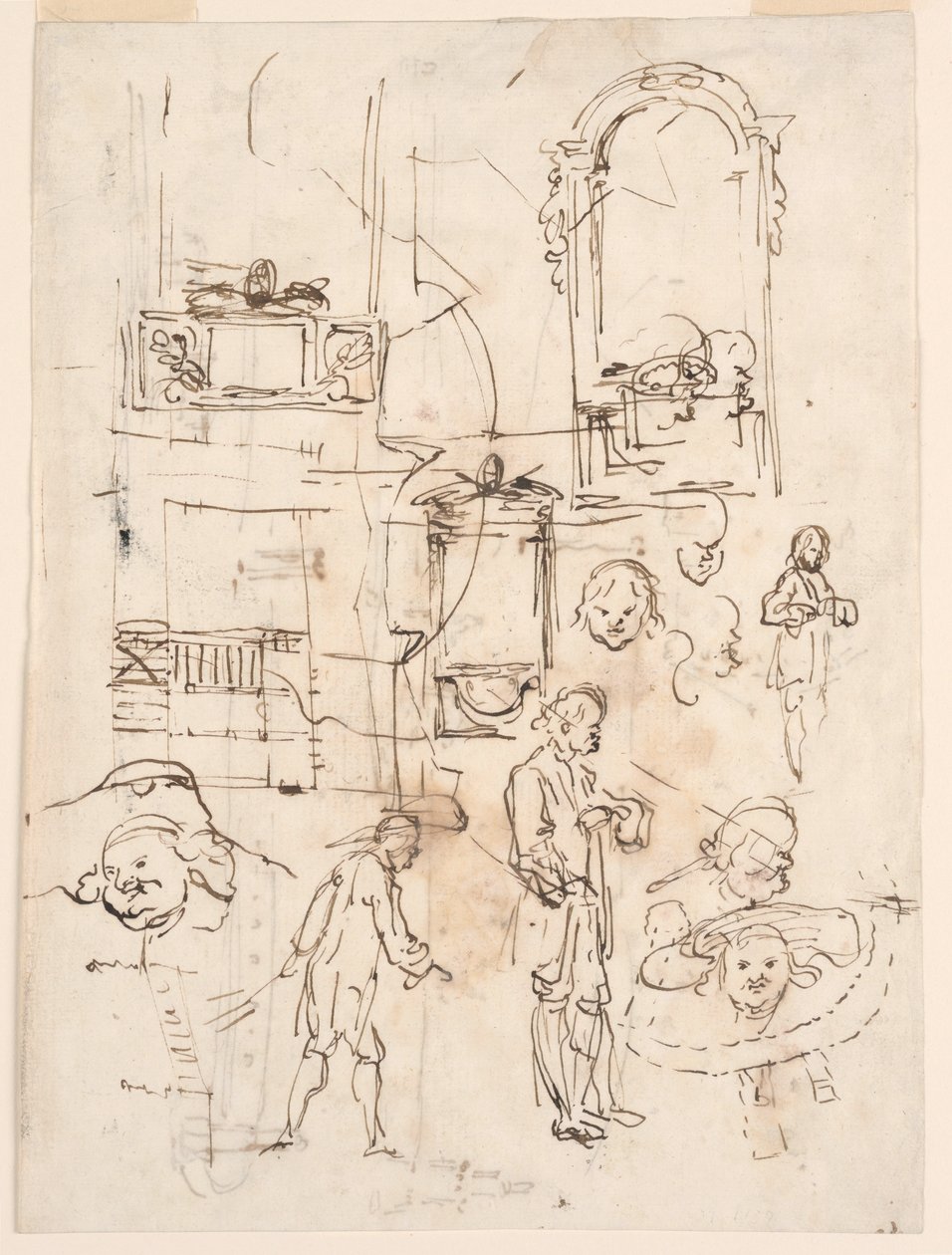 Teckning, Arkitektur- och figurskisser, ca 1760 av Carlo Marchionni
