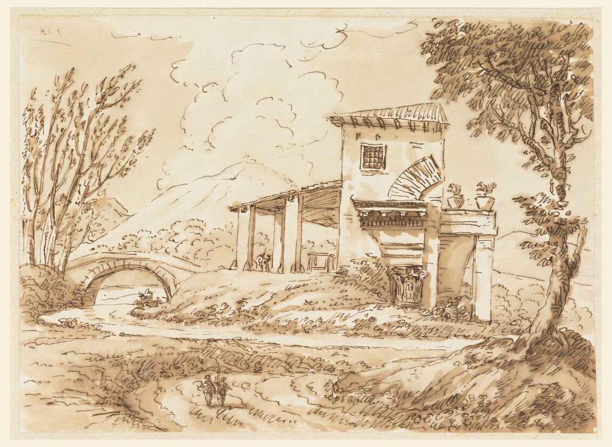 Teckning, Landskap med villa, 1750-60 av Carlo Marchionni