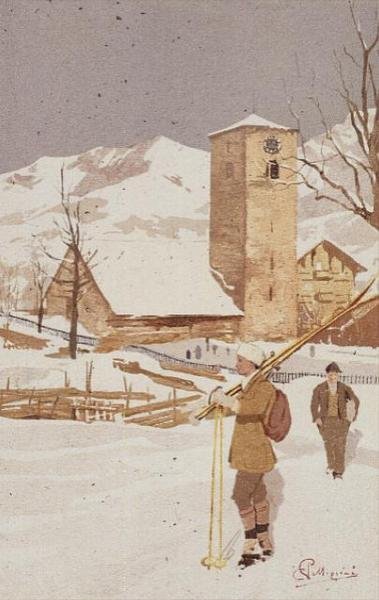 En vy av Adelboden, Schweiz (färg litho) av Carlo Pellegrini
