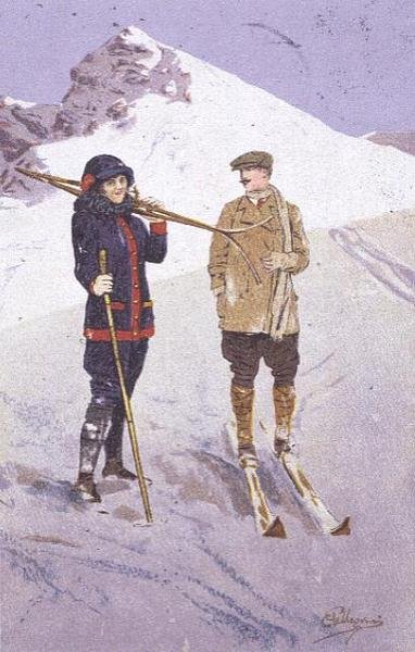 Skidåkare vid Adelboden (färg litho) av Carlo Pellegrini