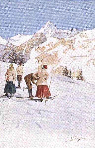 Skidåkare pausar i backarna (färg litho) av Carlo Pellegrini