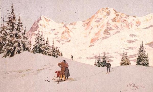 Snowscene at Wengen (färg litho) av Carlo Pellegrini