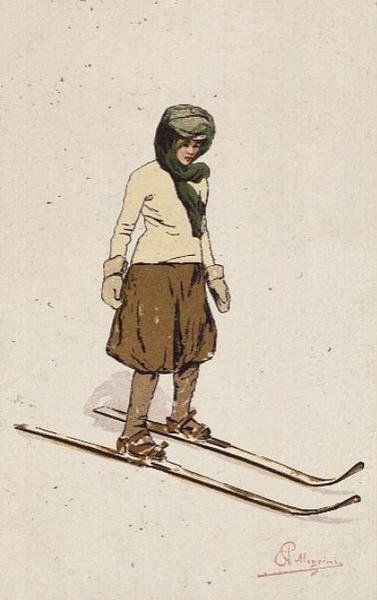 Kvinna åker skidor (färg litho) av Carlo Pellegrini