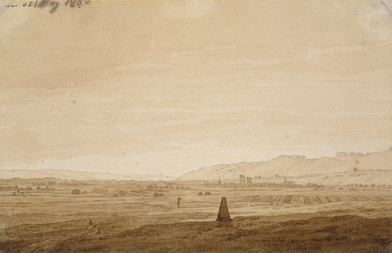Landskap med en obelisk, 1803 (borstens spets i brunt bläck och sepia på benvitt papper) av Caspar David Friedrich