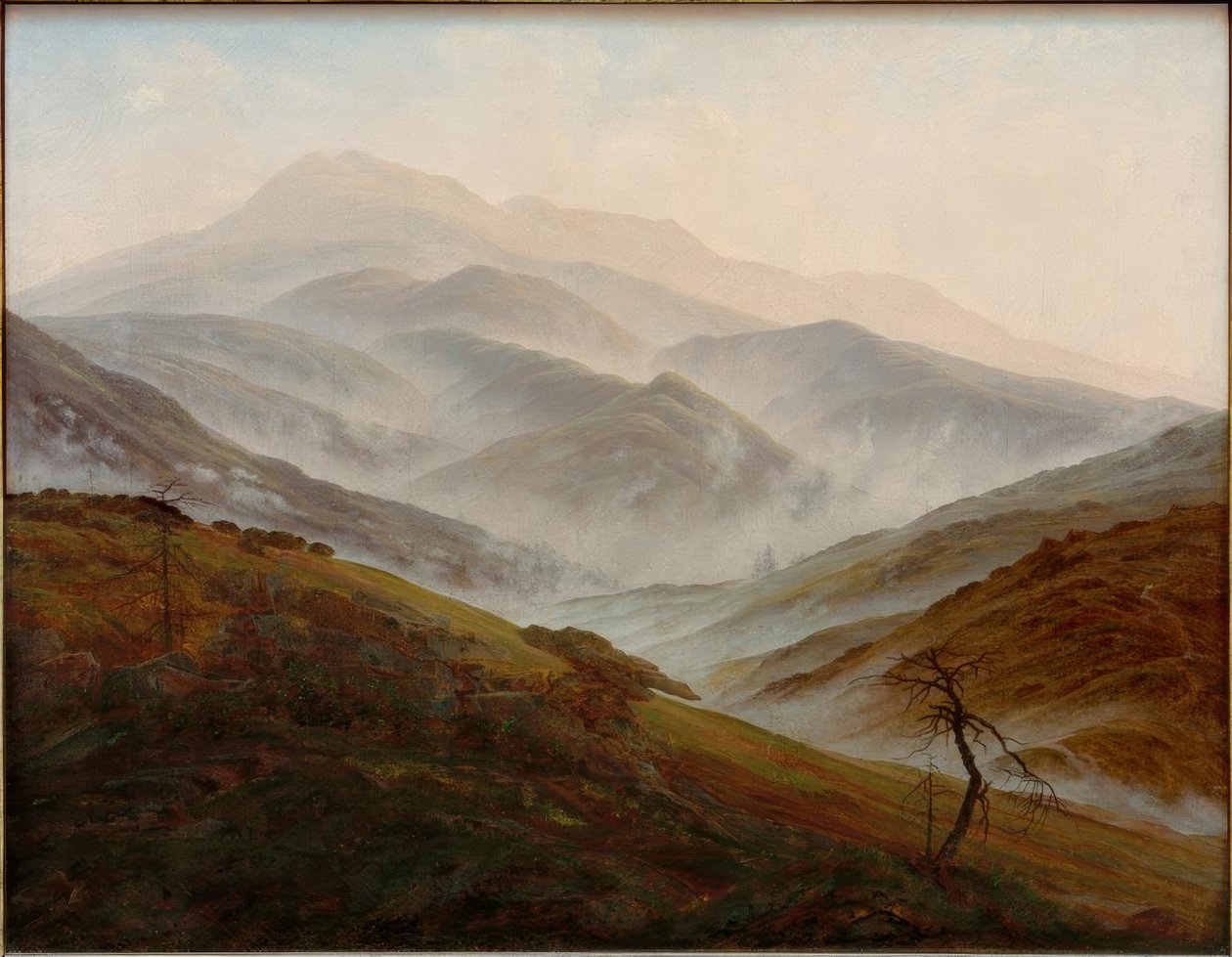 Jättebergslandskap med stigande dimma av Caspar David Friedrich